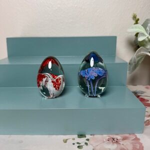 Kerry Glass Ireland Art Glass Egg Paperweights Set of 2 Blue Floral Red Abstract